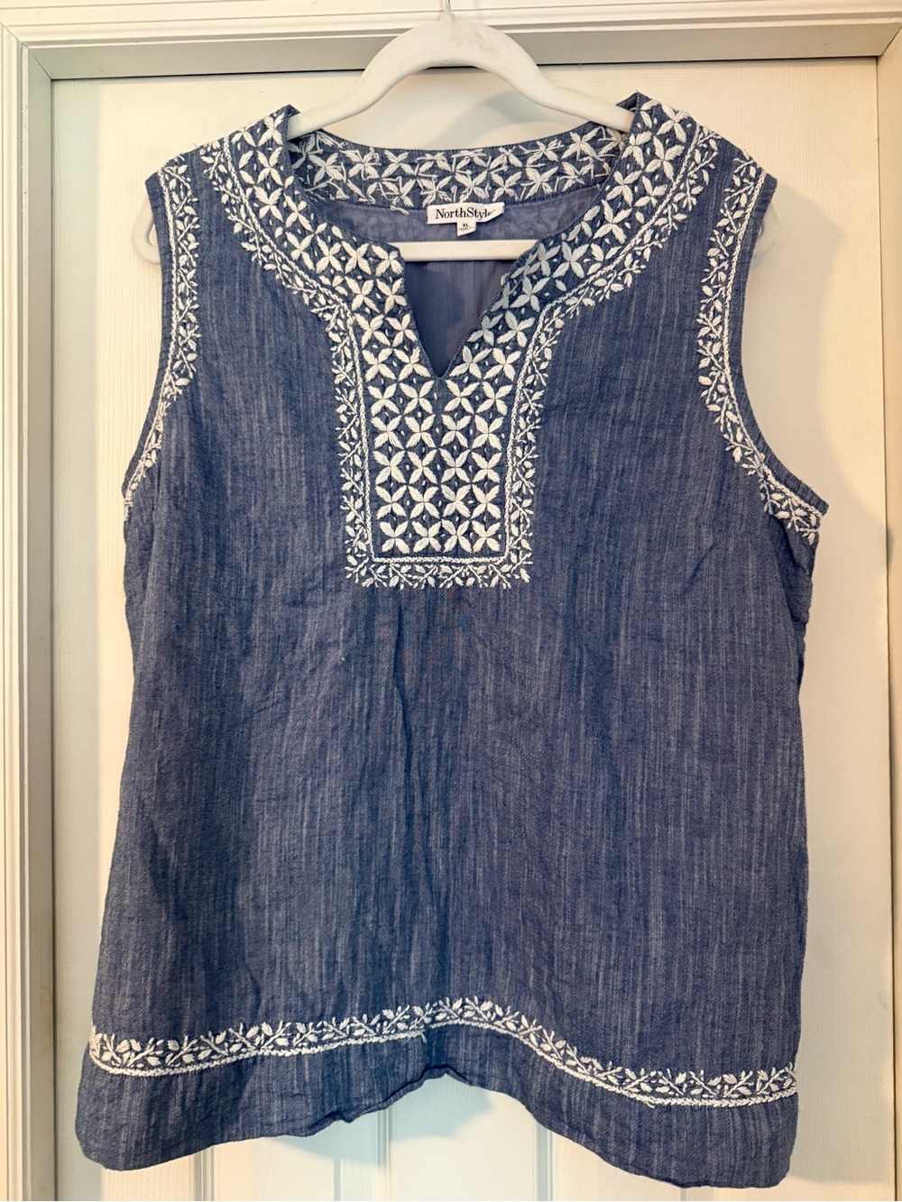 NorthStyle Blue Sleeveless Embroidered Chambray Top